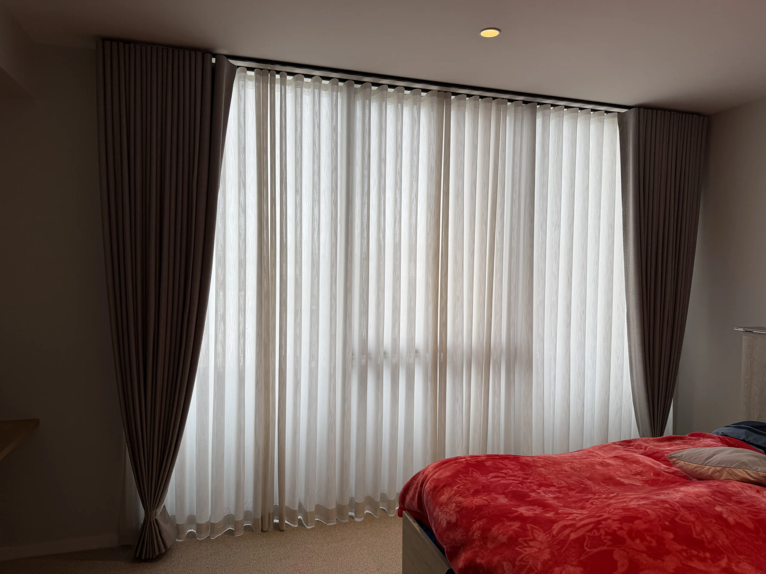 double blackout curtains Melbourne bedroom custom made total darkness installed