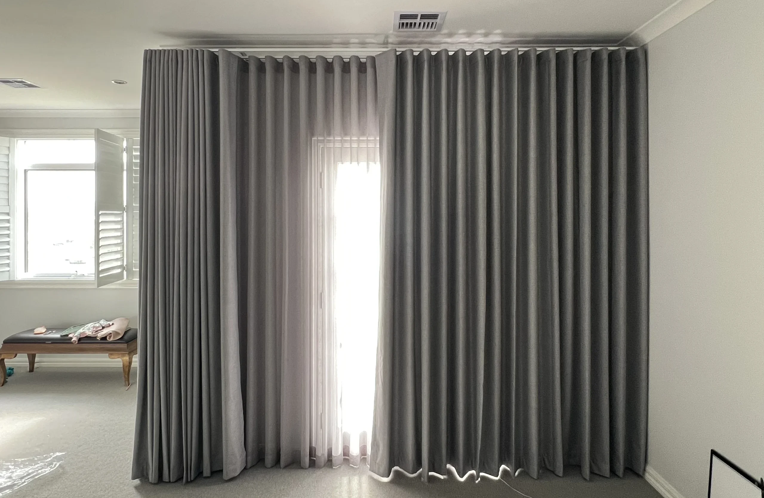 custom double curtains Melbourne bedroom grey blockout lining