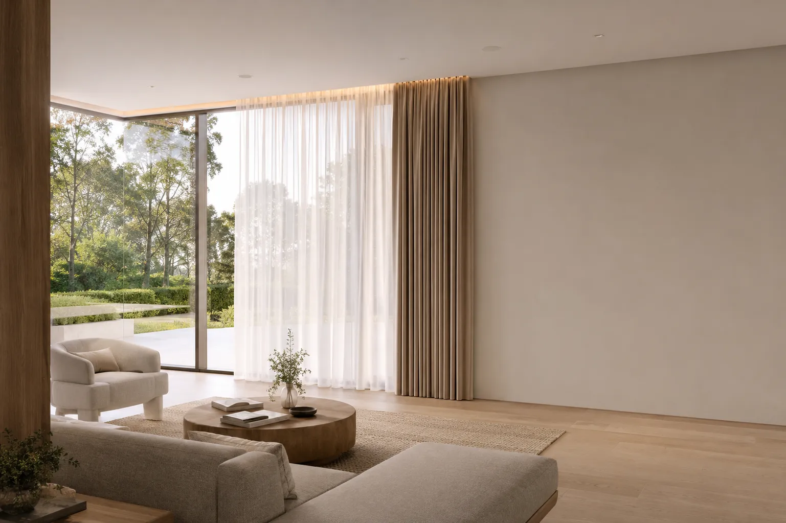 Luxury modern living room featuring ceiling-mounted curtain tracks with sheer and blackout curtains installed in an Australian home.