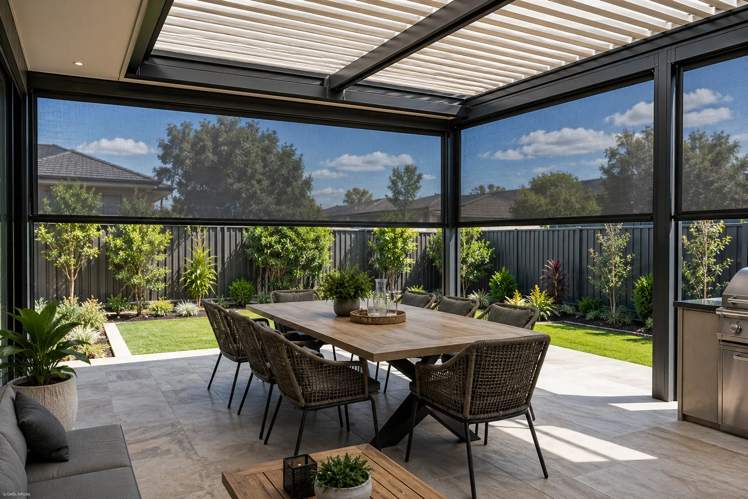 Outdoor blinds Narre Warren — motorised zip screen blinds for alfresco areas by Skyline Shades
