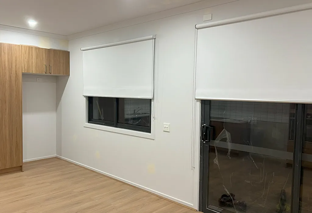 custom white roller blinds Melbourne timber feature wall