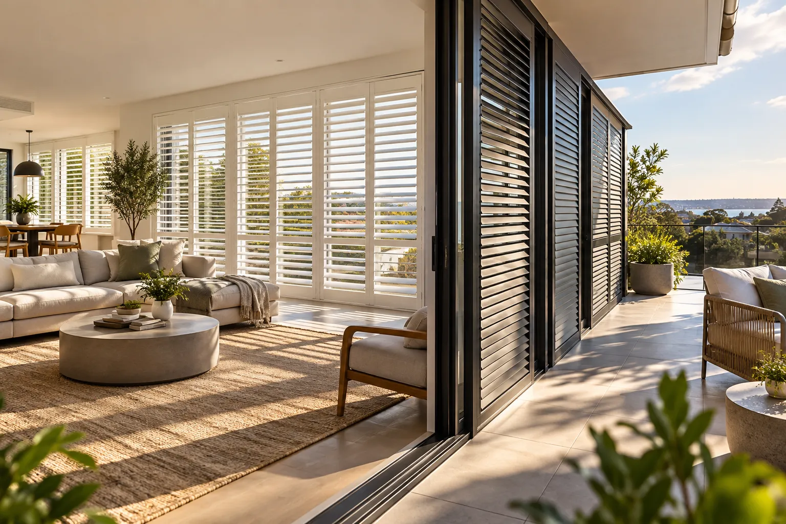 Custom shutters Melbourne — interior plantation shutters and exterior aluminium shutters installed by Skyline Shades Cranbourne West