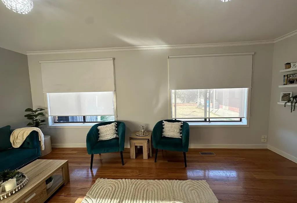 Modern roller blinds installed in a contemporary Melbourne living room by Skyline Shades