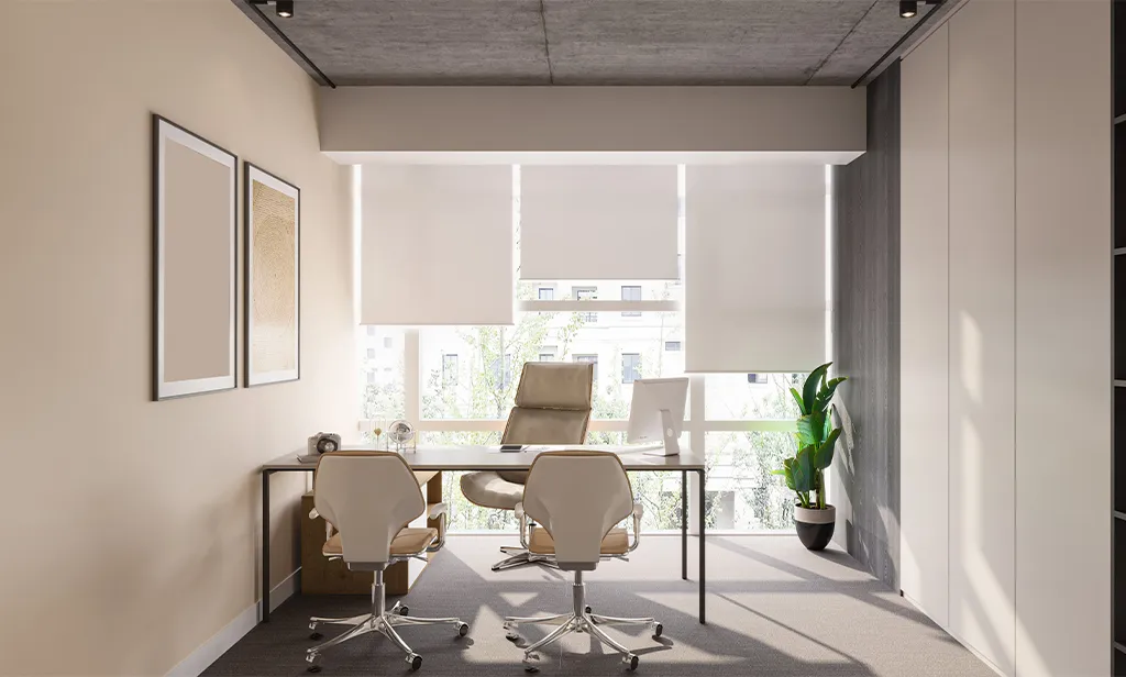 Roller blinds installed in a bright modern Melbourne living room by Skyline Shades